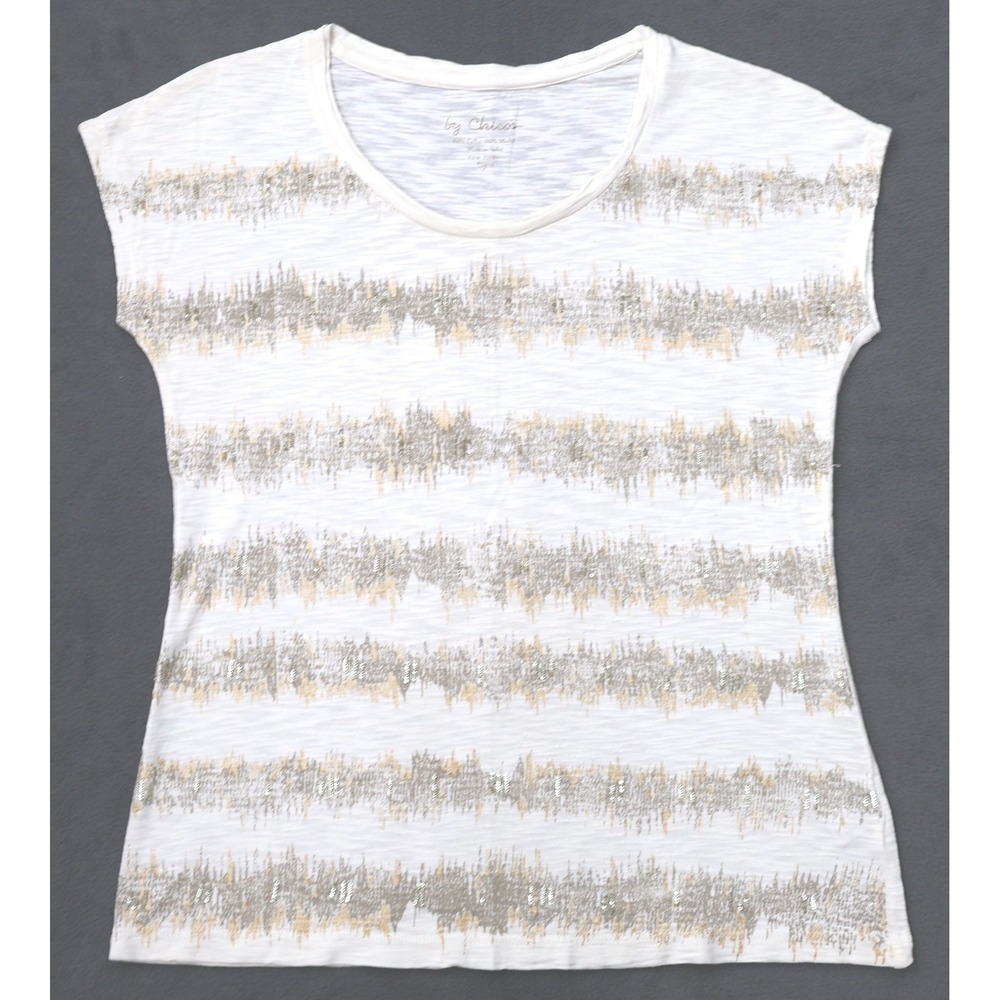 Chicos Sequin Stripe Tee Womens 0 White Gold Silver Excellent Slub Knit Top
